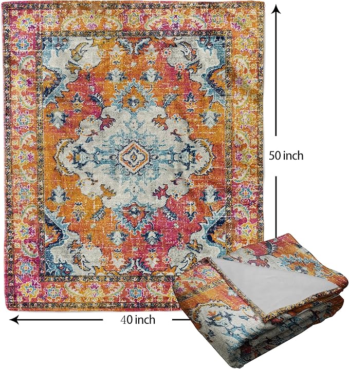 Vintage Rug Blanket Soft Flannel Lightweight Red Orange Retro Carpet Aesthetic Throw Blanket Cozy Warm Blankets All Seasons Living Room Decor for Kids Adults Use On Couch Bed Office 40x50 inch