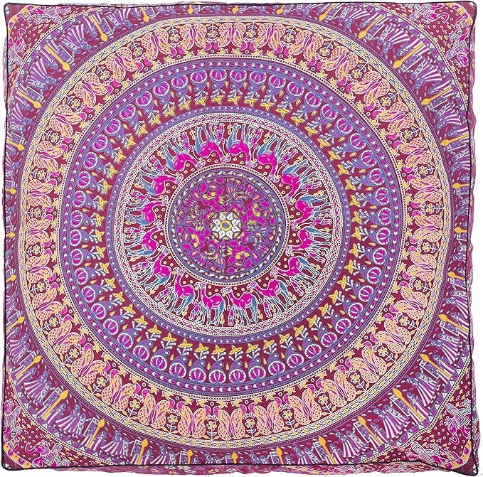 Popular Handicrafts Floor Pillow Cushion Cover - Hippie Mandala Square Ottoman Indian Elephant Camel Daybed Oversized Cotton Cushion Cover with Heavy Duty Zipper - Dog-Pets Bed, 35" Maroon Pink