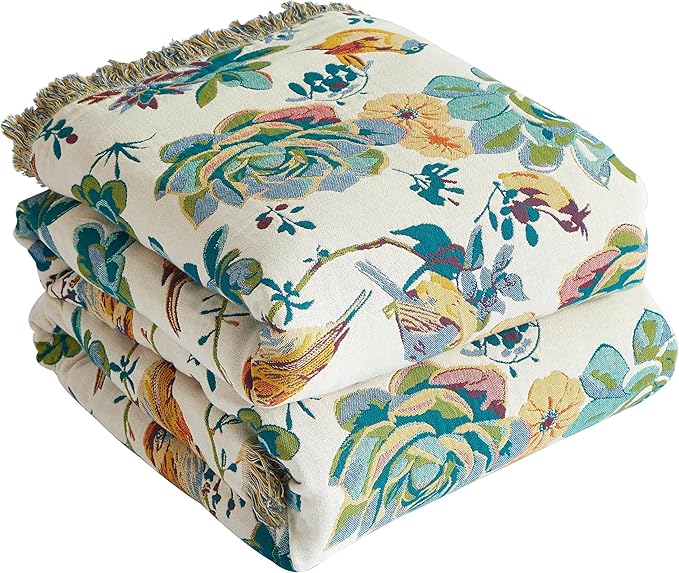 Boho Throw Blanket for Bed 80”x90”, 100% Cotton Woven Blanket for Couch Sofa, Ultra Soft 4-Layer Muslin Quilt with Floral Printed, Farmhouse Bed Blanket/Cover for Living Room Decor