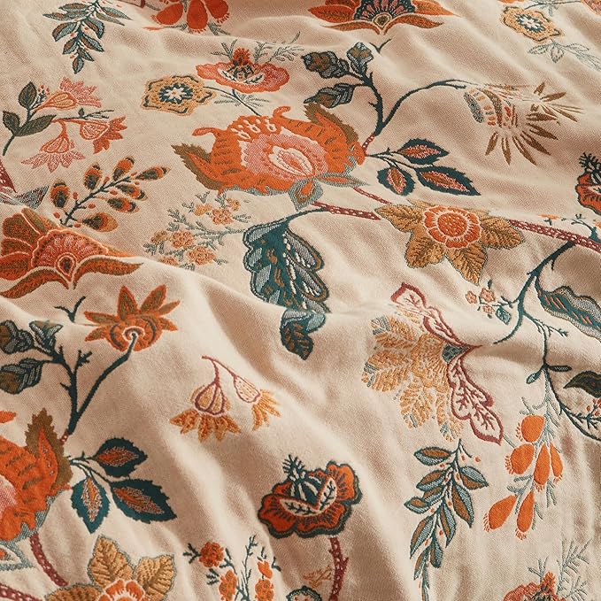 Boho Throw Blanket for Bed 60”x80”, 100% Cotton Woven Blanket for Couch Sofa, Ultra Soft 4-Layer Muslin Quilt with Floral Printed, Farmhouse Bed Blanket/Cover for Living Room Decor