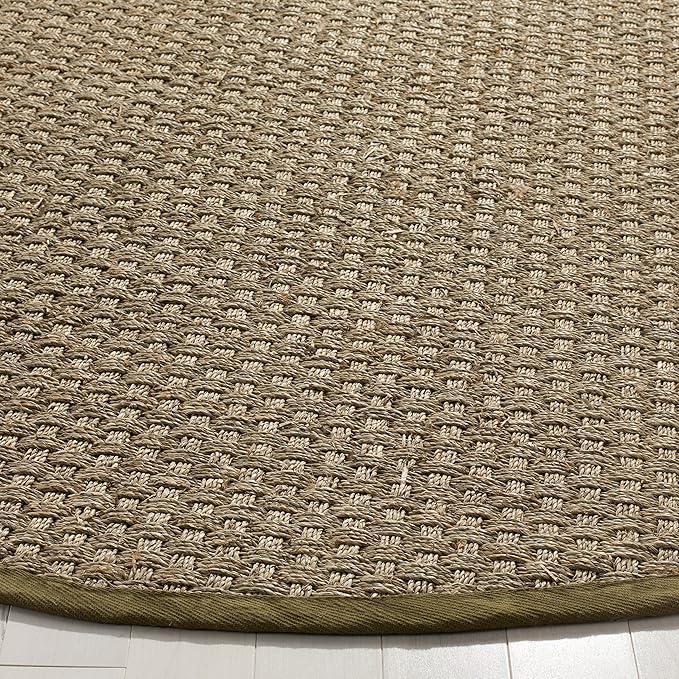 SAFAVIEH Area Rug 4' Round - Natural Fiber Collection - Natural & Olive Green, Seagrass, Basketweave Pattern with Border (NF114G)