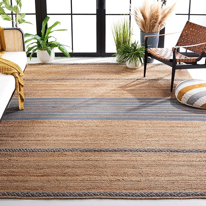 SAFAVIEH Natural Fiber Collection Area Rug - 6' x 9', Natural & Grey, Handmade Stripe Boho Farmhouse Rustic Braided Jute, Ideal for High Traffic Areas in Living Room, Bedroom (NFB262F)