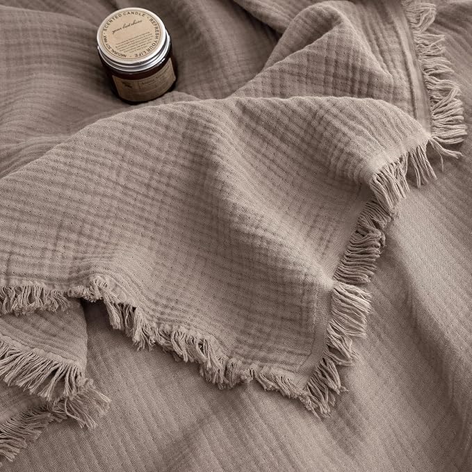 FOSSA Muslin Blanket with Fringe - 4-Layer 100% Cotton Gauze Super Soft & Breathable Throw -Lightweight Decorative Cooling Blanket for Bed, Sofa, Office (Pale Brown, Queen (90" × 90"))