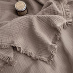 FOSSA Muslin Blanket with Fringe - 4-Layer 100% Cotton Gauze Super Soft & Breathable Throw -Lightweight Decorative Cooling Blanket for Bed, Sofa, Office (Pale Brown, King (104" × 90"))