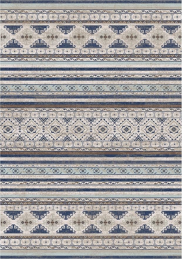 RUGSURE Washable Area Rugs 3' x 5 ' - 1/6 Thick - Moroccan-Inspired -Stain & Water Resistant Non-Slip - Resistant Rug for Living Room, Bedroom, Nursery, Pet & Child Friendly (Blue and Brown)