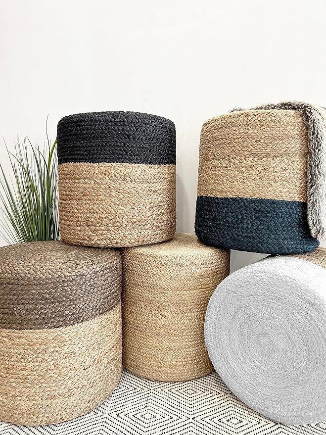 S & L Homes Pouf Ottoman - 100% Jute Braided Footrest Pouf Hand Knitted Traditional Cord Boho Pouffe for Living Room, Bedroom, Nursery, Patio, Lounge Colorblock - Natural Ivory (16”x16”x16”)