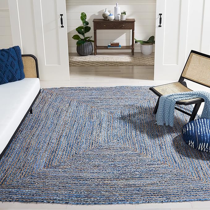 SAFAVIEH Area Rug 8x10 - Cape Cod Collection - Large - Blue & Natural Brown, Handmade Jute & Cotton, Woven Braided Design (CAP202M)