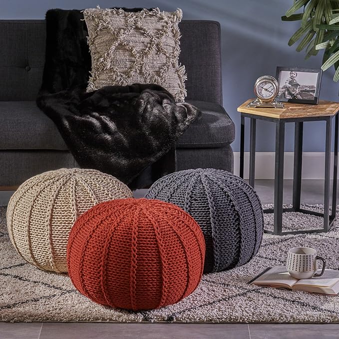 Christopher Knight Home Agatha Knitted Cotton Pouf, Beige Small