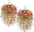 Der Rose 2Pcs Artificial Hanging Flower Basket for Outdoors Fake Hanging Flowers Plants with 4 Faux Silk Trailing Vines for Porch Patio Balcony Spring Decor