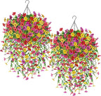 Der Rose 2Pcs Artificial Hanging Flower Basket for Outdoors Fake Hanging Flowers Plants with 4 Faux Silk Trailing Vines for Porch Patio Balcony Spring Decor