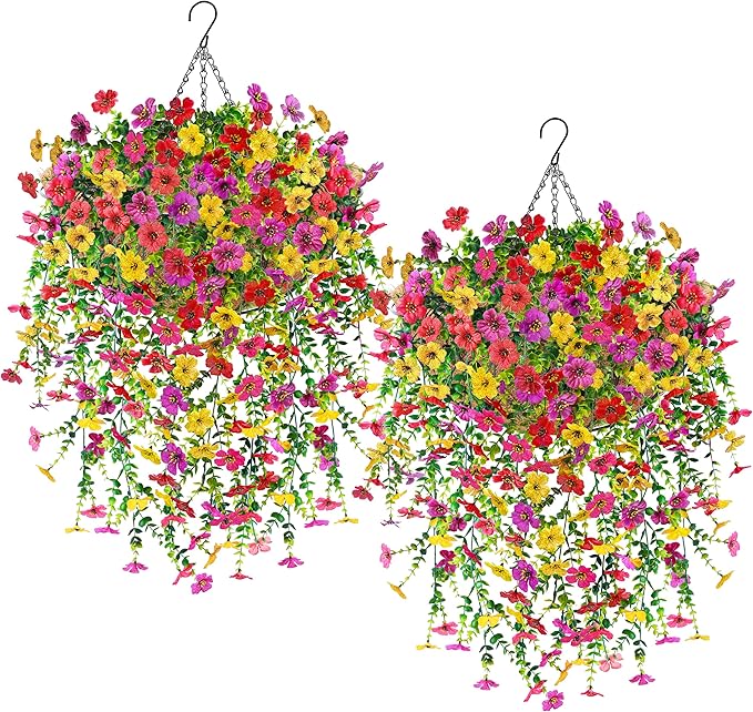 Der Rose 2Pcs Artificial Hanging Flower Basket for Outdoors Fake Hanging Flowers Plants with 4 Faux Silk Trailing Vines for Porch Patio Balcony Spring Decor