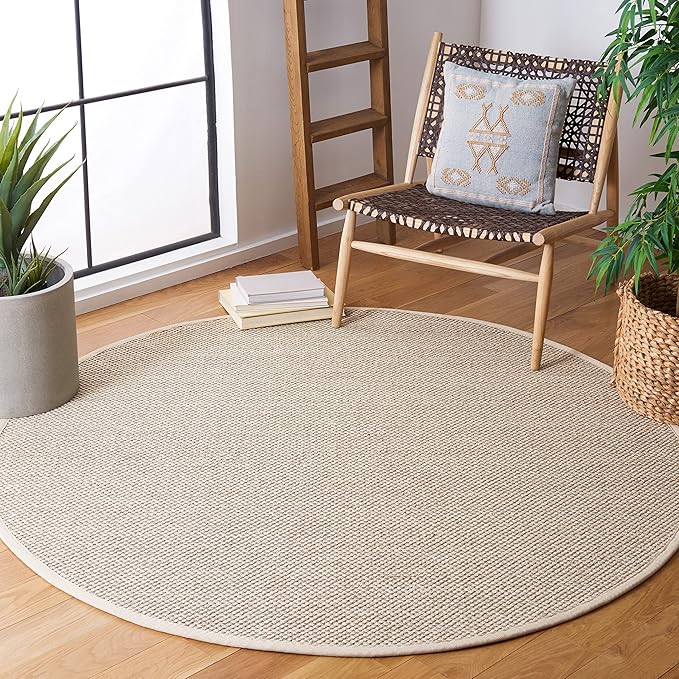 SAFAVIEH Area Rug 8' Round - Natural Fiber Collection - Marble & Beige, Sisal, Woven Design with Border (NF143C)