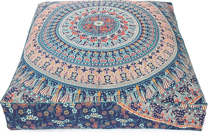 Popular Handicrafts Floor Pillow Cushion Cover - Hippie Mandala Square Ottoman Indian Elephant Camel Daybed Oversized Cotton Cushion Cover with Heavy Duty Zipper - Dog-Pets Bed, 35" Blue Multicolor
