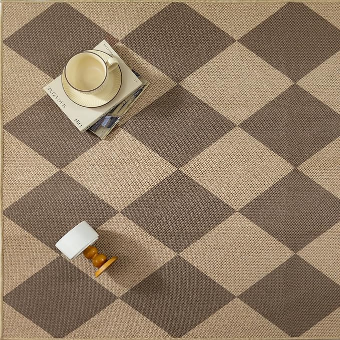 4x6 Checkered Easy Jute Area Rug for Living Room Checkerboard Washable Indoor Outdoor Carpet Farmhouse Patio Office Mat Geometric Non Slip Brown Carpet for Dorm Backyard Dining Room