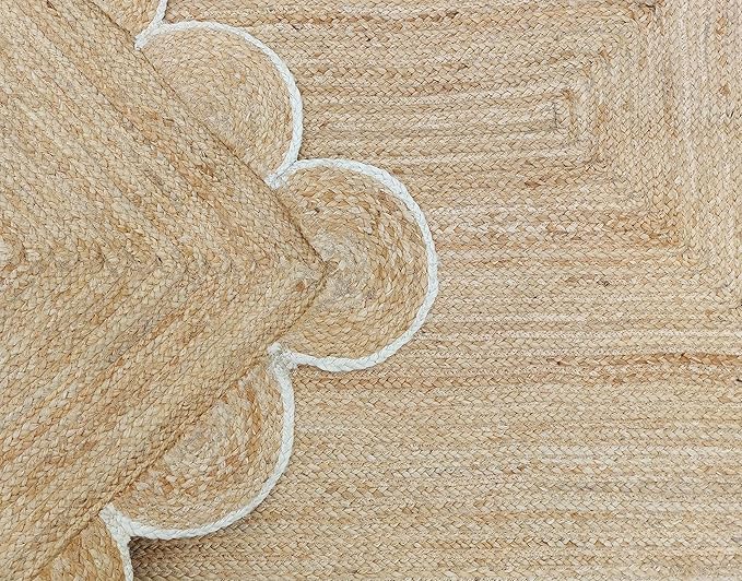Scalloped Natural Jute Area Rug, Off White Trim, 8'x10'