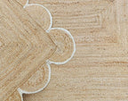 Scalloped Natural Jute Area Rug, Off White Trim, 2'x6'
