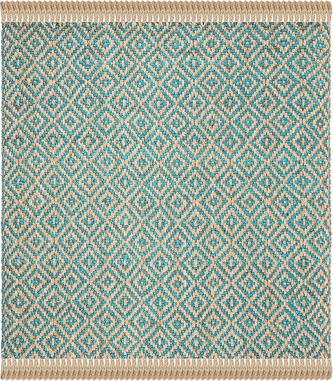 SAFAVIEH Natural Fiber Collection Area Rug - 6' Square, Turquoise & Natural, Handmade Boho Diamond Tassel Jute, Ideal for High Traffic Areas in Living Room, Bedroom (NF266C)