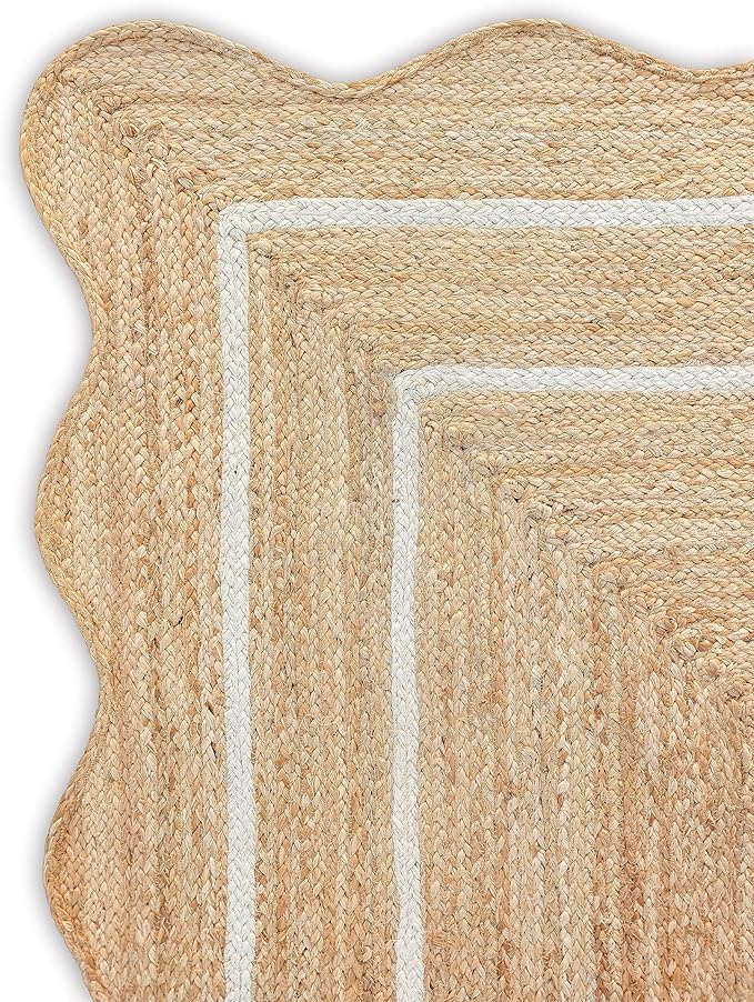 Wave Scalloped Natural Jute Runner, Off White (2'6"x10'): Boho Farmhouse Entryway Scallop Rug