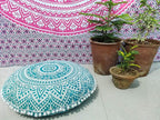 CRAFT KALA Mandala Floor Pillow Cushion Cover Seating Throw Cover Hippie Decorative Bohemian Ottoman Poufs Pom Pom Pillow Cases Boho Indian Cotton Living Room Yoga Home Décor (24" Round, Green Ombre)