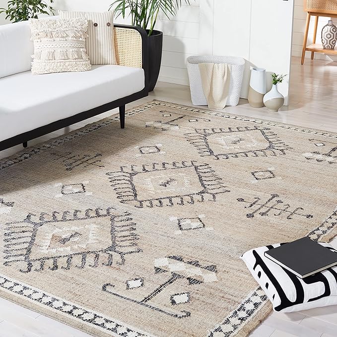SAFAVIEH Area Rug 8x10 - Kilim Collection - Large - Grey & Black, Handmade Flat Weave Jute, Ideal for Living Room, Bedroom, Office, Dining Space (KLM762F)