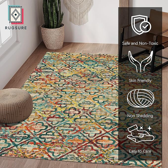 RUGSURE Washable Area Rugs, 8' x 10' - 1/6 Thick - Stain & Water Resistant Non-Slip - Perfect Resistant Rug for Living Room, Bedroom, Nursery, Pet & Child Friendly, Vibrant Colors Rugs, Multicolor