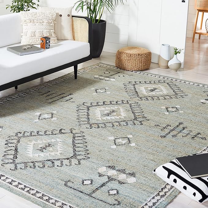 SAFAVIEH Kilim Collection Area Rug - 9' x 12', Blue & Black, Flat Weave Jute Design, Ideal for High Traffic Areas in Living Room, Bedroom (KLM762M)