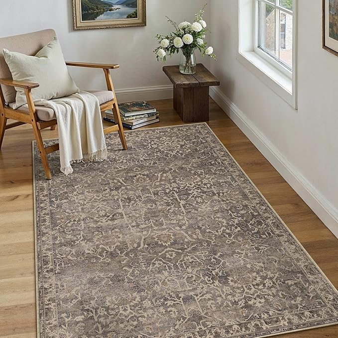 HUGEAR 4x6 Entryway Area Rug Retro Brown Small Rug Machine Washable Door Mat Vintage Floral Low Pile Carpet Vacuumable Distressed Throw Rug Entrance Kitchen Bedroom Bathroom Non Slip Lightweight