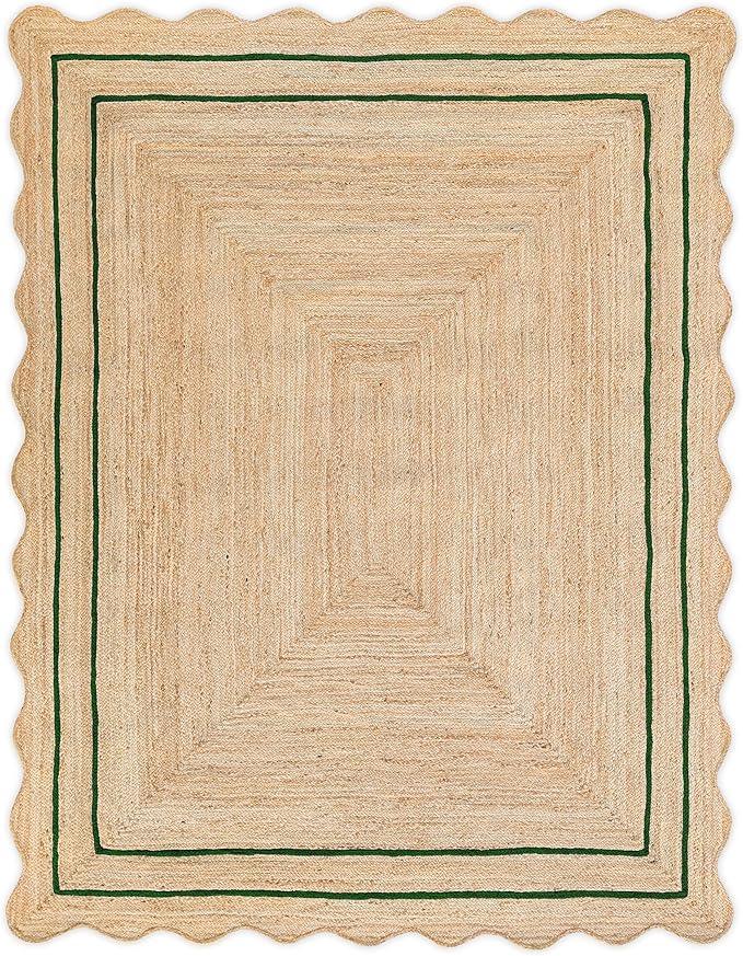 Wave Scalloped Natural Jute Runner Boho Jute Entryway Farmhouse Scallop Rug, Green (8'x10'')