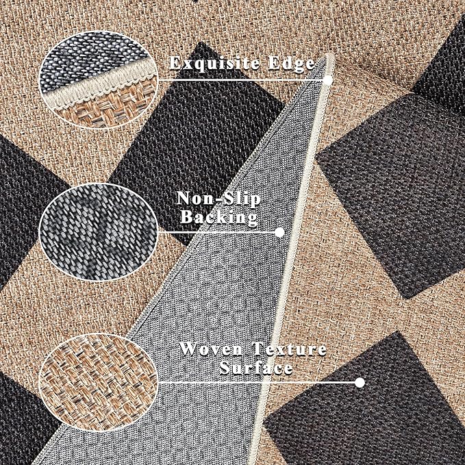 Checkered Easy Jute Rug 5x7 Outdoor Patio Rug Washable Area Rugs for Living Room Bedroom Non Slip Neutral Farmhouse Indoor Outdoor Carpet for Backyard Patio Office