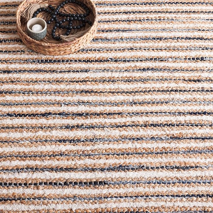 SAFAVIEH Cape Cod Collection Area Rug - 6' Square, Natural & Navy, Handmade, Braided Design, Ideal for The Living Room, Bedroom, Dining Room (CAP151N-6SQ)