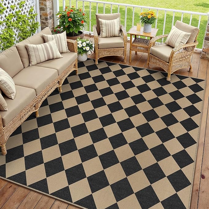 8x10 Checkered Easy Jute Area Rug for Living Room Large Checkerboard Washable Indoor Outdoor Carpet Farmhouse Patio Office Mat Geometric Non Slip Black Carpet for Backyard Dining Room