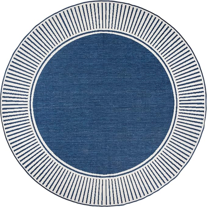 Nuloom Asha Navy/Ivory, 6'7" Round, Casual, Striped Border, Soft and Cozy, High Traffic, Stain Resistant, Easy Clean, Durable Area Rug for Indoor/Outdoor Patio, Deck, Porch, Garden, Courtyard