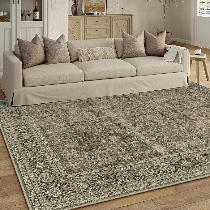 Vintage Area Rug 9x12 Light Brown Washable Living Room Large Bedroom Indoor Carpet Tribal Distressed Retro Accent Throw Rug for Office Dining Room