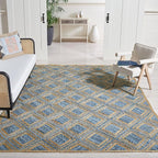 SAFAVIEH Cape Cod Collection Area Rug - 9' x 12', Natural & Blue, Handmade Flat Weave Diamond Braided Jute & Denim, Ideal for High Traffic Areas in Living Room, Bedroom (CAP354A)