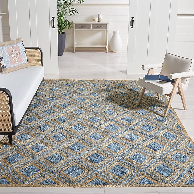 SAFAVIEH Cape Cod Collection Area Rug - 8' Square, Natural & Blue, Handmade Flat Weave Diamond Braided Jute & Denim, Ideal for High Traffic Areas in Living Room, Bedroom (CAP354A)