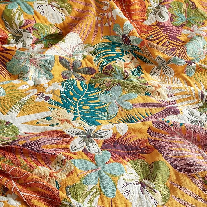 Boho Throw Blanket for Bed 90”x98”, 100% Cotton Woven Blanket for Couch Sofa, Ultra Soft 4-Layer Muslin Quilt with Floral Printed, Farmhouse Bed Blanket/Cover for Living Room Decor