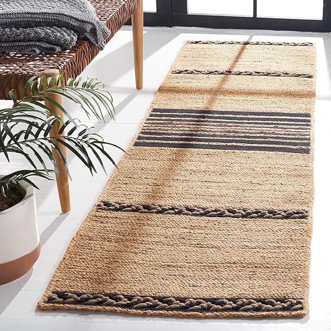 SAFAVIEH Natural Fiber Collection Runner Rug - 2'3" x 8', Natural & Black, Handmade Stripe Boho Farmhouse Rustic Braided Jute, Ideal for High Traffic Areas in Living Room, Bedroom (NFB262Z)