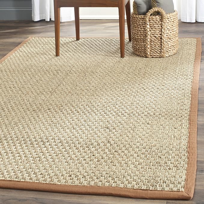 SAFAVIEH Area Rug 4' Square - Natural Fiber Collection - Natural & Brown, Seagrass, Basketweave Pattern with Border (NF114B)