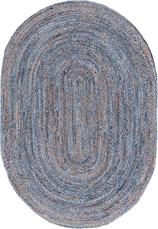 SAFAVIEH Area Rug 6x9 Oval- Cape Cod Collection - Blue & Natural Brown, Handmade Jute & Cotton, Woven Braided Design (CAP202M)