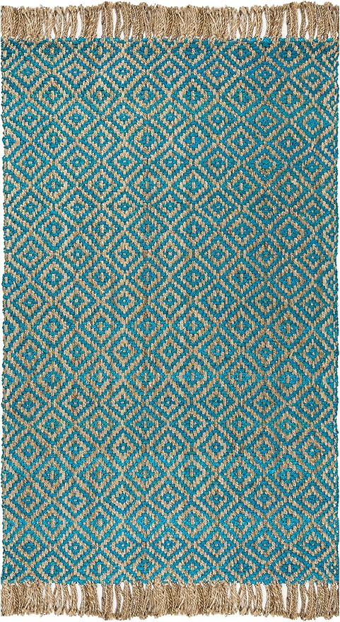 SAFAVIEH Natural Fiber Collection Area Rug - 5' x 8', Turquoise & Natural, Handmade Boho Diamond Tassel Jute, Ideal for High Traffic Areas in Living Room, Bedroom (NF266C)