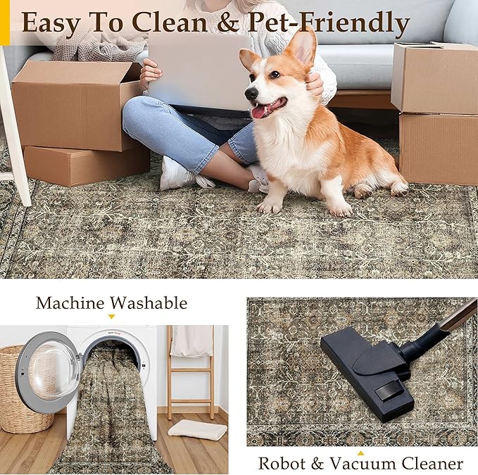 Brown Runner Rug 2x7 Vintage Area Carpet Hallway Long Indoor Kitchen Washable Living Room Low Pile Traditional Distressed Retro Accent Throw Rug Non Slip Laundry Bathroom Office Dining Room