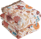 Boho Throw Blanket for Bed 60”x80”, 100% Cotton Woven Blanket for Couch Sofa, Ultra Soft 4-Layer Muslin Quilt with Floral Printed, Farmhouse Bed Blanket/Cover for Living Room Decor