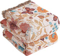 Boho Throw Blanket for Bed 80”x90”, 100% Cotton Woven Blanket for Couch Sofa, Ultra Soft 4-Layer Muslin Quilt with Floral Printed, Farmhouse Bed Blanket/Cover for Living Room Decor