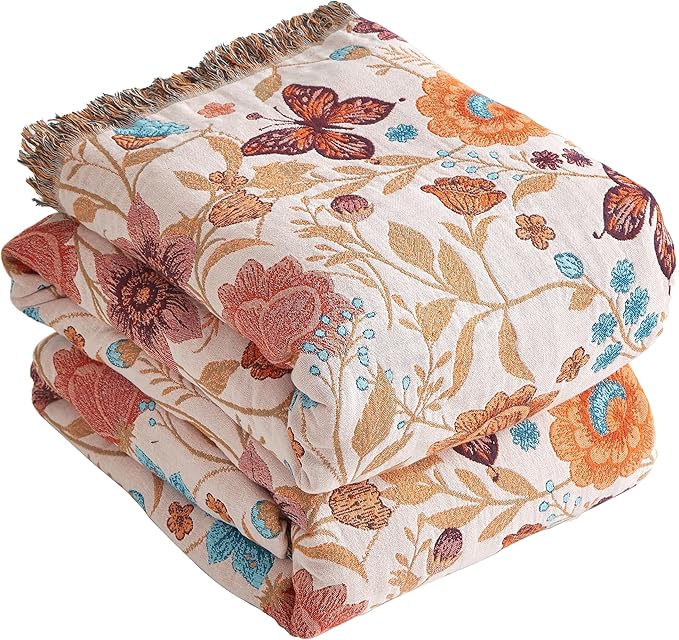 Boho Throw Blanket for Bed 90”x98”, 100% Cotton Woven Blanket for Couch Sofa, Ultra Soft 4-Layer Muslin Quilt with Floral Printed, Farmhouse Bed Blanket/Cover for Living Room Decor