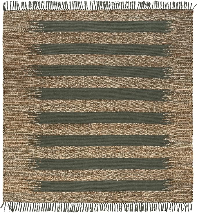 SAFAVIEH Natural Fiber Collection Area Rug - 7' Square, Natural & Green, Handmade Jute & Cotton, Ideal for Living Room, Bedroom, Dining Space (NF124Y)