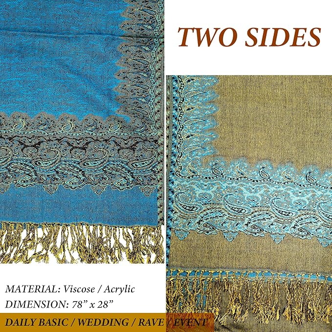 Achillea Reversible Paisley Pashmina Rave Scarf – Exotic Indian Shawls and Wraps for Evening Dresses, Festivals, All Seasons