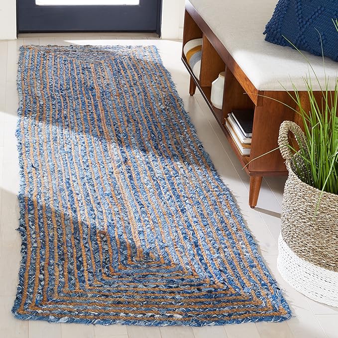 SAFAVIEH Cape Cod Collection Runner Rug - 2'3" x 16', Blue & Natural Brown, Handmade Jute & Cotton, Woven Braided Design (CAP202M)