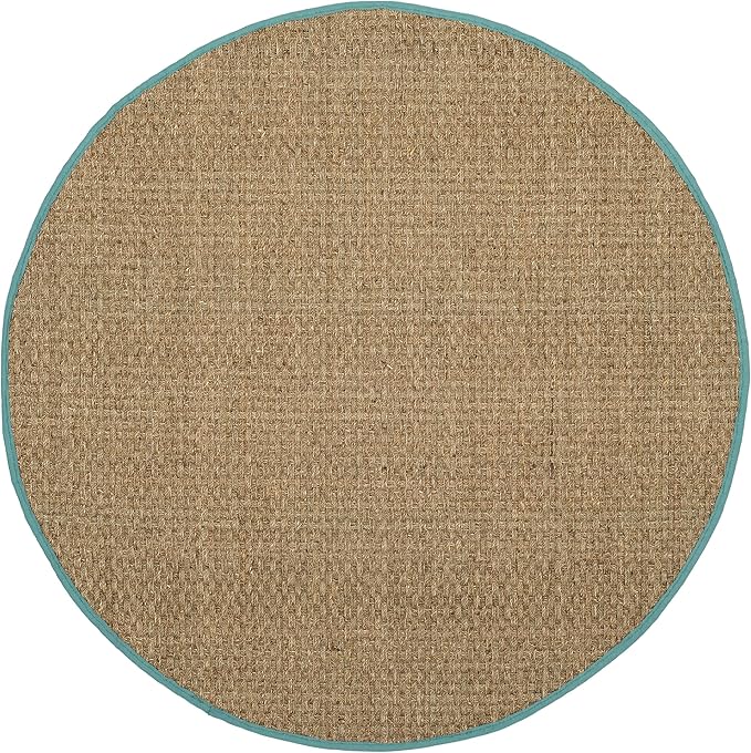 SAFAVIEH Area Rug 6' Round - Natural Fiber Collection - Natural & Teal, Seagrass, Basketweave Pattern with Border (NF114R)