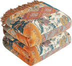 Boho Throw Blanket for Bed 90”x98”, 100% Cotton Woven Blanket for Couch Sofa, Ultra Soft 4-Layer Muslin Quilt with Patchwork Floral Printed, Farmhouse Bed Blanket/Cover for Living Room Decor