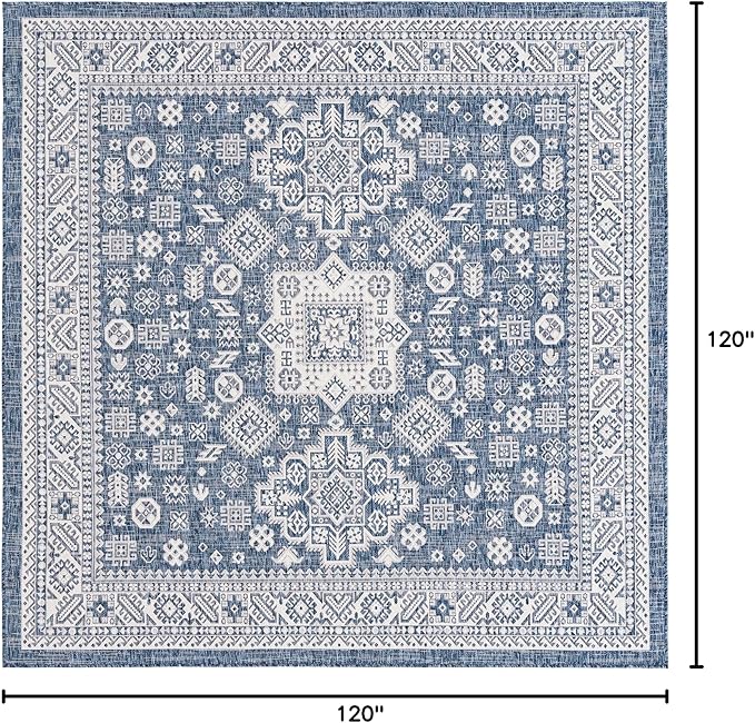 Rugs.com Outdoor Aztec Collection Rug – 10 Ft Square Blue Flatweave Rug Perfect for Living Rooms, Kitchens, Entryways